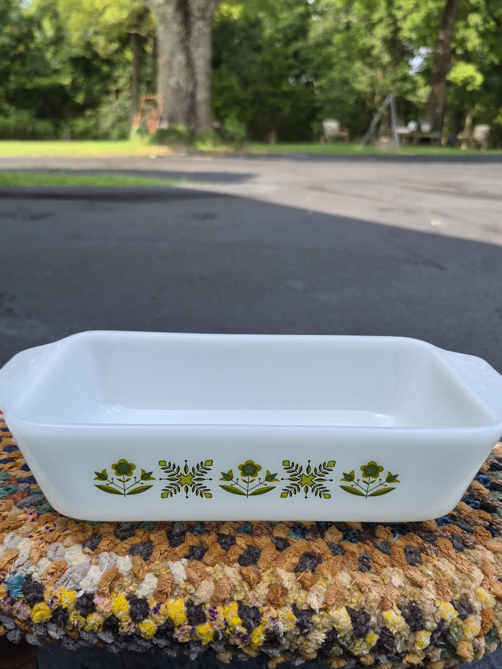White Floral Milk Glass Baking Dish - Green Flower Pattern